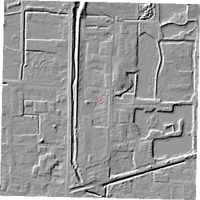 Shaded relief map of the ground around DN185TX, computed from Environment Agency LiDAR. The ground here sits at about 3 m above sea level and falls 5 m across the surrounding 800 m. Surface water reaching this point runs off ground lying to the south-south-west, 3.5 m higher.