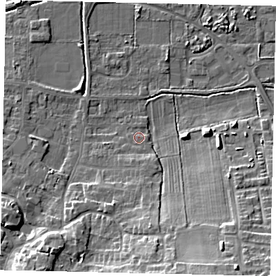Shaded relief map of the ground around DN185UL, computed from Environment Agency LiDAR. The ground here sits at about 4 m above sea level and falls 15 m across the surrounding 800 m. Surface water reaching this point runs off ground lying to the south-south-west, 0.7 m higher.