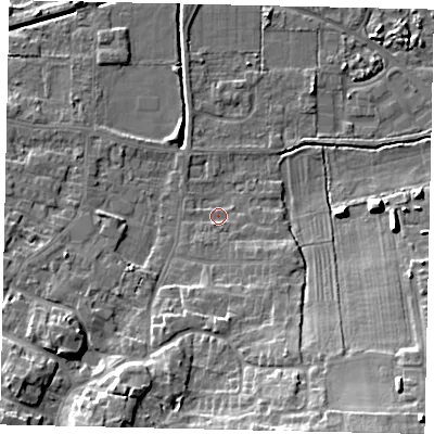 Shaded relief map of the ground around DN185UN, computed from Environment Agency LiDAR. The ground here sits at about 4 m above sea level and falls 15 m across the surrounding 800 m. Surface water reaching this point runs off ground lying to the south-south-east, 12.1 m higher.
