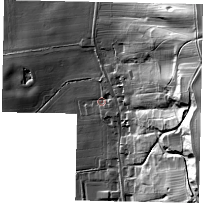 Shaded relief map of the ground around DN186BQ, computed from Environment Agency LiDAR. The ground here sits at about 19 m above sea level and falls 71 m across the surrounding 800 m. Surface water reaching this point runs off ground lying to the east-north-east, 58.2 m higher.