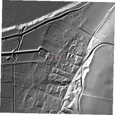 Shaded relief map of the ground around DN186HF, computed from Environment Agency LiDAR. The ground here sits at about 10 m above sea level and falls 72 m across the surrounding 800 m. Surface water reaching this point runs off ground lying to the east-south-east, 58.2 m higher.
