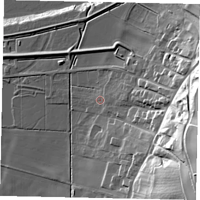 Shaded relief map of the ground around DN186HP, computed from Environment Agency LiDAR. The ground here sits at about 6 m above sea level and falls 57 m across the surrounding 800 m. Surface water reaching this point runs off ground lying to the east-south-east, 47.2 m higher.