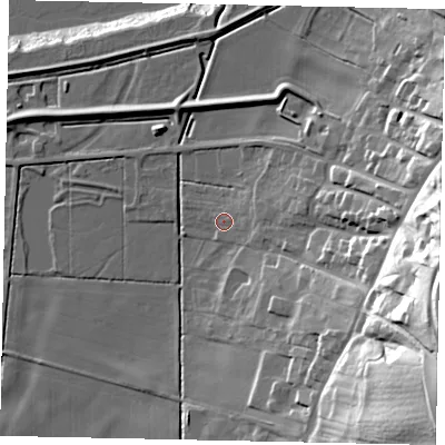 Shaded relief map of the ground around DN186HR, computed from Environment Agency LiDAR. The ground here sits at about 6 m above sea level and falls 52 m across the surrounding 800 m. Surface water reaching this point runs off ground lying to the east-south-east, 43.2 m higher.
