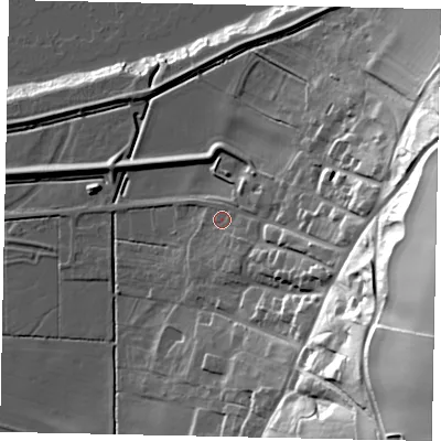 Shaded relief map of the ground around DN186JD, computed from Environment Agency LiDAR. The ground here sits at about 7 m above sea level and falls 63 m across the surrounding 800 m. Surface water reaching this point runs off ground lying to the east-south-east, 52.6 m higher.