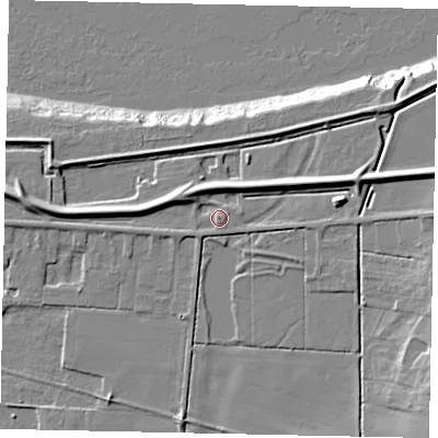Shaded relief map of the ground around DN186JE, computed from Environment Agency LiDAR. The ground here sits at about 5 m above sea level and falls 12 m across the surrounding 800 m. Surface water reaching this point runs off ground lying to the south-south-east, 1.6 m higher.