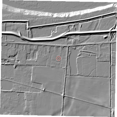 Shaded relief map of the ground around DN186JF, computed from Environment Agency LiDAR. The ground here sits at about 4 m above sea level and falls 11 m across the surrounding 800 m. Surface water reaching this point runs off ground lying to the north, 1.4 m higher.