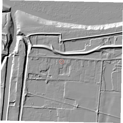 Shaded relief map of the ground around DN186JG, computed from Environment Agency LiDAR. The ground here sits at about 4 m above sea level and falls 10 m across the surrounding 800 m. Surface water reaching this point runs off ground lying to the north-west, 2.3 m higher.