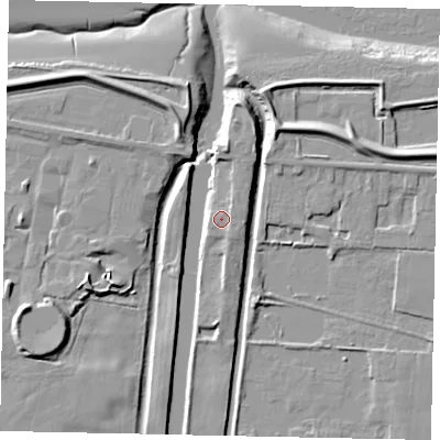 Shaded relief map of the ground around DN186JH, computed from Environment Agency LiDAR. The ground here sits at about 4 m above sea level and falls 10 m across the surrounding 800 m. Surface water reaching this point runs off ground lying to the east-north-east, 1.1 m higher.