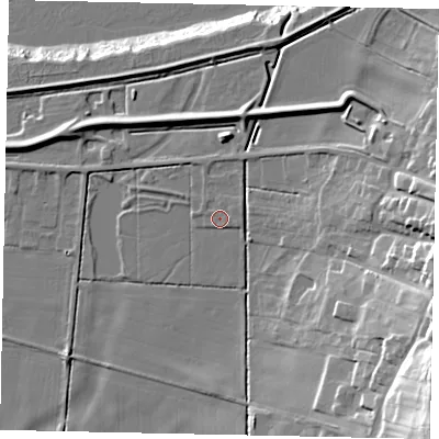 Shaded relief map of the ground around DN186JP, computed from Environment Agency LiDAR. The ground here sits at about 4 m above sea level and falls 35 m across the surrounding 800 m. Surface water reaching this point runs off ground lying to the east-north-east, 1.3 m higher.