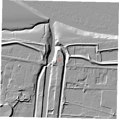 Shaded relief map of the ground around DN186JQ, computed from Environment Agency LiDAR. The ground here sits at about 5 m above sea level and falls 10 m across the surrounding 800 m. Surface water reaching this point runs off ground lying to the east-north-east, 1.2 m higher.