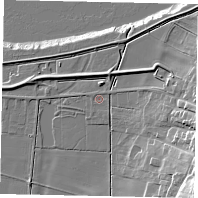 Shaded relief map of the ground around DN186JS, computed from Environment Agency LiDAR. The ground here sits at about 4 m above sea level and falls 33 m across the surrounding 800 m. Surface water reaching this point runs off ground lying to the south-south-east, 1.0 m higher.