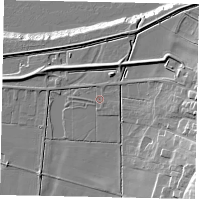 Shaded relief map of the ground around DN186JT, computed from Environment Agency LiDAR. The ground here sits at about 4 m above sea level and falls 26 m across the surrounding 800 m. Surface water reaching this point runs off ground lying to the east-south-east, 0.9 m higher.