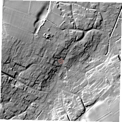 Shaded relief map of the ground around DN197AA, computed from Environment Agency LiDAR. The ground here sits at about 9 m above sea level and falls 19 m across the surrounding 800 m. Surface water reaching this point runs off ground lying to the north-west, 8.5 m higher.