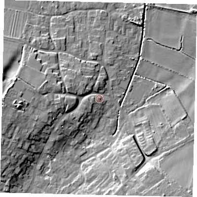 Shaded relief map of the ground around DN197AD, computed from Environment Agency LiDAR. The ground here sits at about 7 m above sea level and falls 17 m across the surrounding 800 m. Surface water reaching this point runs off ground lying to the west, 12.9 m higher.