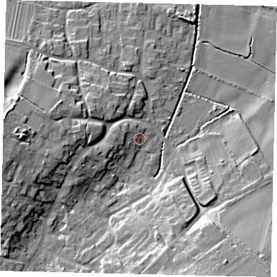 Shaded relief map of the ground around DN197AE, computed from Environment Agency LiDAR. The ground here sits at about 7 m above sea level and falls 17 m across the surrounding 800 m. Surface water reaching this point runs off ground lying to the west, 4.6 m higher.