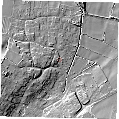 Shaded relief map of the ground around DN197AF, computed from Environment Agency LiDAR. The ground here sits at about 5 m above sea level and falls 17 m across the surrounding 800 m. Surface water reaching this point runs off ground lying to the west, 9.8 m higher.