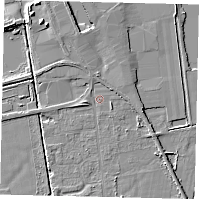 Shaded relief map of the ground around DN197AT, computed from Environment Agency LiDAR. The ground here sits at about 3 m above sea level and falls 8 m across the surrounding 800 m. Surface water reaching this point runs off ground lying to the north-north-west, 3.2 m higher.