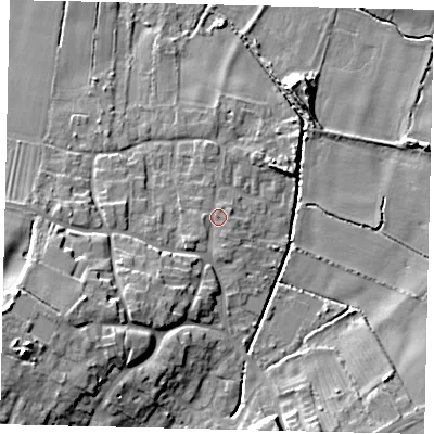 Shaded relief map of the ground around DN197AU, computed from Environment Agency LiDAR. The ground here sits at about 6 m above sea level and falls 17 m across the surrounding 800 m. Surface water reaching this point runs off ground lying to the west, 1.0 m higher.
