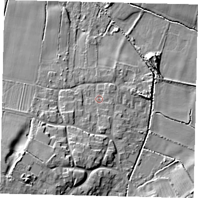 Shaded relief map of the ground around DN197BE, computed from Environment Agency LiDAR. The ground here sits at about 6 m above sea level and falls 17 m across the surrounding 800 m. Surface water reaching this point runs off ground lying to the south, 1.9 m higher.