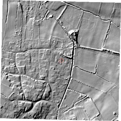 Shaded relief map of the ground around DN197BG, computed from Environment Agency LiDAR. The ground here sits at about 5 m above sea level and falls 14 m across the surrounding 800 m. Surface water reaching this point runs off ground lying to the south-west, 2.6 m higher.