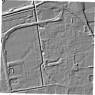 Shaded relief map of the ground around DN197BH, computed from Environment Agency LiDAR. The ground here sits at about 3 m above sea level and falls 5 m across the surrounding 800 m. Surface water reaching this point runs off ground lying to the east-south-east, 1.6 m higher.