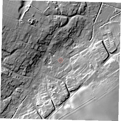 Shaded relief map of the ground around DN197BJ, computed from Environment Agency LiDAR. The ground here sits at about 7 m above sea level and falls 20 m across the surrounding 800 m. Surface water reaching this point runs off ground lying to the south-east, 16.3 m higher.