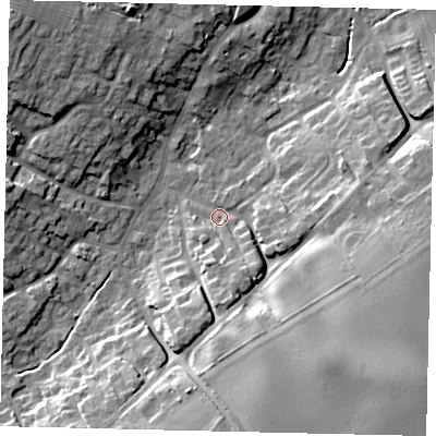 Shaded relief map of the ground around DN197BP, computed from Environment Agency LiDAR. The ground here sits at about 8 m above sea level and falls 20 m across the surrounding 800 m. Surface water reaching this point runs off ground lying to the south-east, 16.0 m higher.