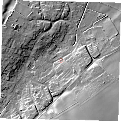 Shaded relief map of the ground around DN197BS, computed from Environment Agency LiDAR. The ground here sits at about 8 m above sea level and falls 19 m across the surrounding 800 m. Surface water reaching this point runs off ground lying to the south-east, 8.0 m higher.