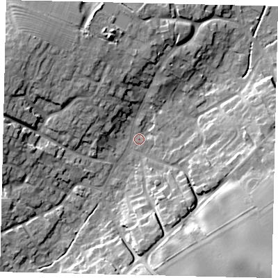 Shaded relief map of the ground around DN197BW, computed from Environment Agency LiDAR. The ground here sits at about 7 m above sea level and falls 19 m across the surrounding 800 m. Surface water reaching this point runs off ground lying to the south-east, 15.9 m higher.