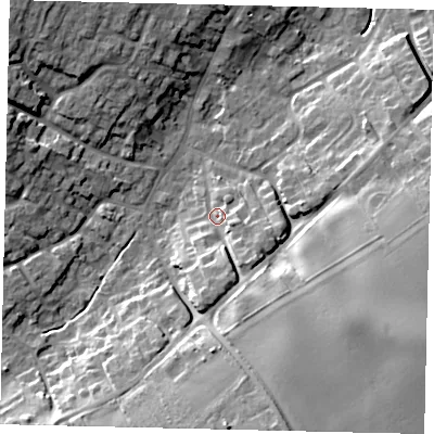 Shaded relief map of the ground around DN197BX, computed from Environment Agency LiDAR. The ground here sits at about 10 m above sea level and falls 20 m across the surrounding 800 m. Surface water reaching this point runs off ground lying to the south-east, 9.7 m higher.