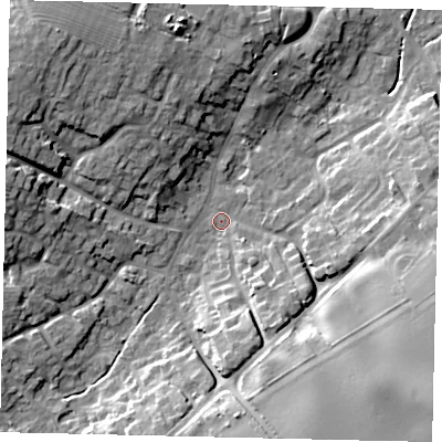 Shaded relief map of the ground around DN197BZ, computed from Environment Agency LiDAR. The ground here sits at about 7 m above sea level and falls 19 m across the surrounding 800 m. Surface water reaching this point runs off ground lying to the south-east, 15.6 m higher.