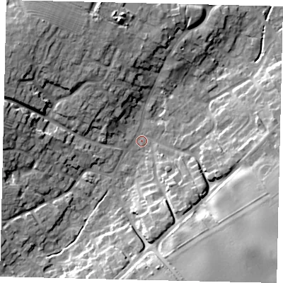 Shaded relief map of the ground around DN197DA, computed from Environment Agency LiDAR. The ground here sits at about 7 m above sea level and falls 19 m across the surrounding 800 m. Surface water reaching this point runs off ground lying to the south-east, 15.9 m higher.