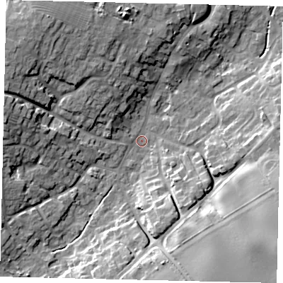 Shaded relief map of the ground around DN197DB, computed from Environment Agency LiDAR. The ground here sits at about 7 m above sea level and falls 19 m across the surrounding 800 m. Surface water reaching this point runs off ground lying to the south-east, 15.4 m higher.