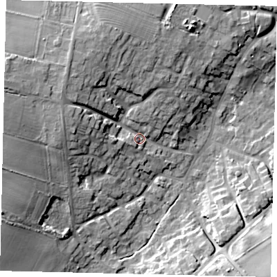 Shaded relief map of the ground around DN197DD, computed from Environment Agency LiDAR. The ground here sits at about 11 m above sea level and falls 17 m across the surrounding 800 m. Surface water reaching this point runs off ground lying to the west-north-west, 12.5 m higher.