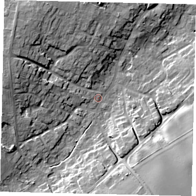 Shaded relief map of the ground around DN197DF, computed from Environment Agency LiDAR. The ground here sits at about 8 m above sea level and falls 19 m across the surrounding 800 m. Surface water reaching this point runs off ground lying to the south-south-east, 15.4 m higher.