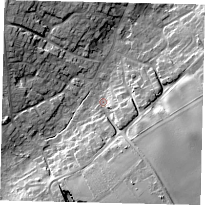 Shaded relief map of the ground around DN197DG, computed from Environment Agency LiDAR. The ground here sits at about 8 m above sea level and falls 20 m across the surrounding 800 m. Surface water reaching this point runs off ground lying to the south-east, 16.8 m higher.