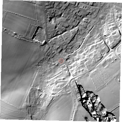 Shaded relief map of the ground around DN197DJ, computed from Environment Agency LiDAR. The ground here sits at about 8 m above sea level and falls 17 m across the surrounding 800 m. Surface water reaching this point runs off ground lying to the south-east, 16.3 m higher.