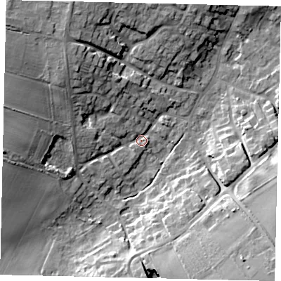 Shaded relief map of the ground around DN197DN, computed from Environment Agency LiDAR. The ground here sits at about 9 m above sea level and falls 18 m across the surrounding 800 m. Surface water reaching this point runs off ground lying to the north-west, 14.7 m higher.