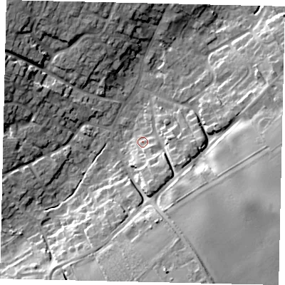 Shaded relief map of the ground around DN197DP, computed from Environment Agency LiDAR. The ground here sits at about 9 m above sea level and falls 21 m across the surrounding 800 m. Surface water reaching this point runs off ground lying to the south-south-east, 7.6 m higher.