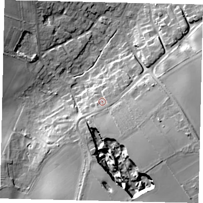 Shaded relief map of the ground around DN197DQ, computed from Environment Agency LiDAR. The ground here sits at about 15 m above sea level and falls 18 m across the surrounding 800 m. Surface water reaching this point runs off ground lying to the east-south-east, 3.0 m higher.