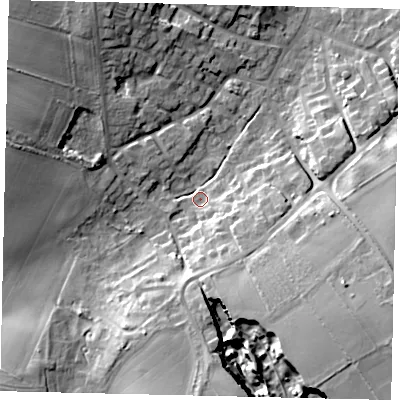 Shaded relief map of the ground around DN197DS, computed from Environment Agency LiDAR. The ground here sits at about 9 m above sea level and falls 18 m across the surrounding 800 m. Surface water reaching this point runs off ground lying to the south-east, 17.1 m higher.