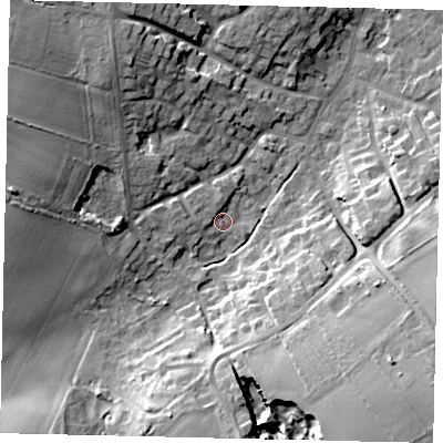 Shaded relief map of the ground around DN197DT, computed from Environment Agency LiDAR. The ground here sits at about 9 m above sea level and falls 18 m across the surrounding 800 m. Surface water reaching this point runs off ground lying to the south-east, 16.4 m higher.