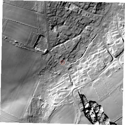 Shaded relief map of the ground around DN197DX, computed from Environment Agency LiDAR. The ground here sits at about 9 m above sea level and falls 18 m across the surrounding 800 m. Surface water reaching this point runs off ground lying to the south-east, 16.2 m higher.