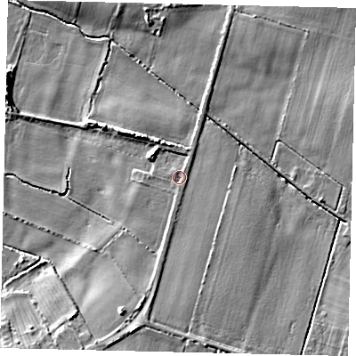 Shaded relief map of the ground around DN197EF, computed from Environment Agency LiDAR. The ground here sits at about 5 m above sea level and falls 9 m across the surrounding 800 m. Surface water reaching this point runs off ground lying to the south, 1.2 m higher.