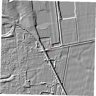 Shaded relief map of the ground around DN197EJ, computed from Environment Agency LiDAR. The ground here sits at about 3 m above sea level and falls 5 m across the surrounding 800 m. Surface water reaching this point runs off ground lying to the west-south-west, 2.5 m higher.