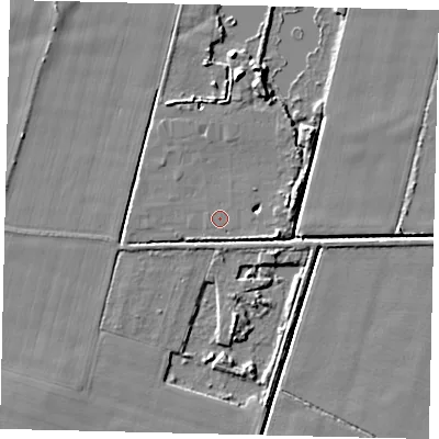 Shaded relief map of the ground around DN197EN, computed from Environment Agency LiDAR. The ground here sits at about 3 m above sea level and falls 6 m across the surrounding 800 m. The ground contributing surface water to this point lies to the west-south-west.
