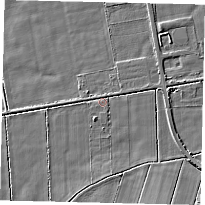 Shaded relief map of the ground around DN197EP, computed from Environment Agency LiDAR. The ground here sits at about 3 m above sea level and falls 4 m across the surrounding 800 m. Surface water reaching this point runs off ground lying to the east, 1.0 m higher.