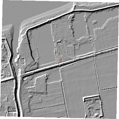 Shaded relief map of the ground around DN197ER, computed from Environment Agency LiDAR. The ground here sits at about 3 m above sea level and falls 6 m across the surrounding 800 m. Surface water reaching this point runs off ground lying to the west-south-west, 3.1 m higher.