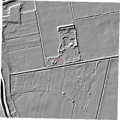 Shaded relief map of the ground around DN197ES, computed from Environment Agency LiDAR. The ground here sits at about 3 m above sea level and falls 5 m across the surrounding 800 m. Surface water reaching this point runs off ground lying to the west-south-west, 2.1 m higher.
