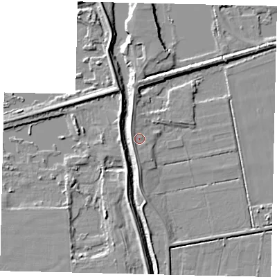 Shaded relief map of the ground around DN197ET, computed from Environment Agency LiDAR. The ground here sits at about 4 m above sea level and falls 5 m across the surrounding 800 m. Surface water reaching this point runs off ground lying to the west-south-west, 1.8 m higher.